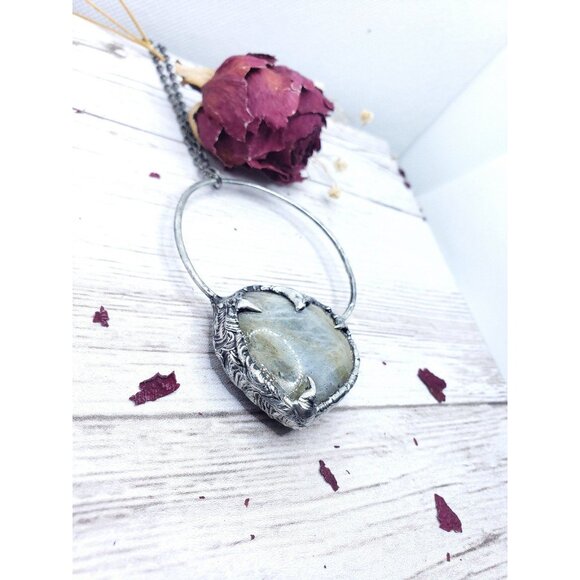 Labradorite Heart Crystal Necklace Handmade Gothic Fantasy Metalwork - Picture 9 of 12